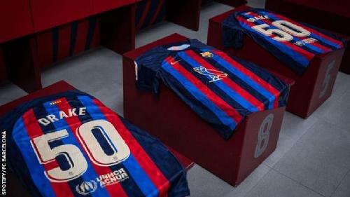 Special Barcelona shirts carry Drake's logo and have 'Drake 50' on the back