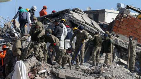 The search for survivors is continuing today, as seen here in the Islahiye district of Gaziantep city in Turkey