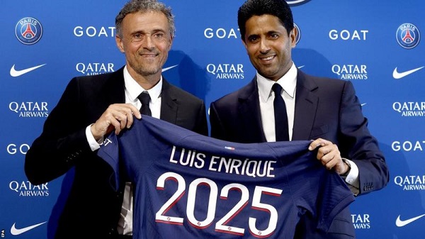 Al-Khelaifi (right) spoke about Mbappe at a news conference introducing Luis Enrique as PSG's new manager