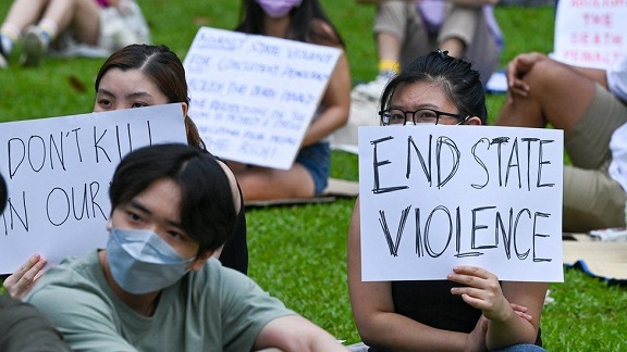 Attendees at an anti-death penalty protest in Singapore on 3 April 2022