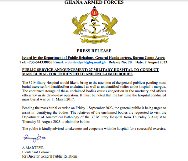 37 Military Hospital to conduct mass burial for unidentified, unclaimed