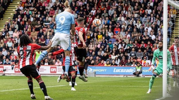 Erling Haaland headed the opening goal after missing a first-half penalty