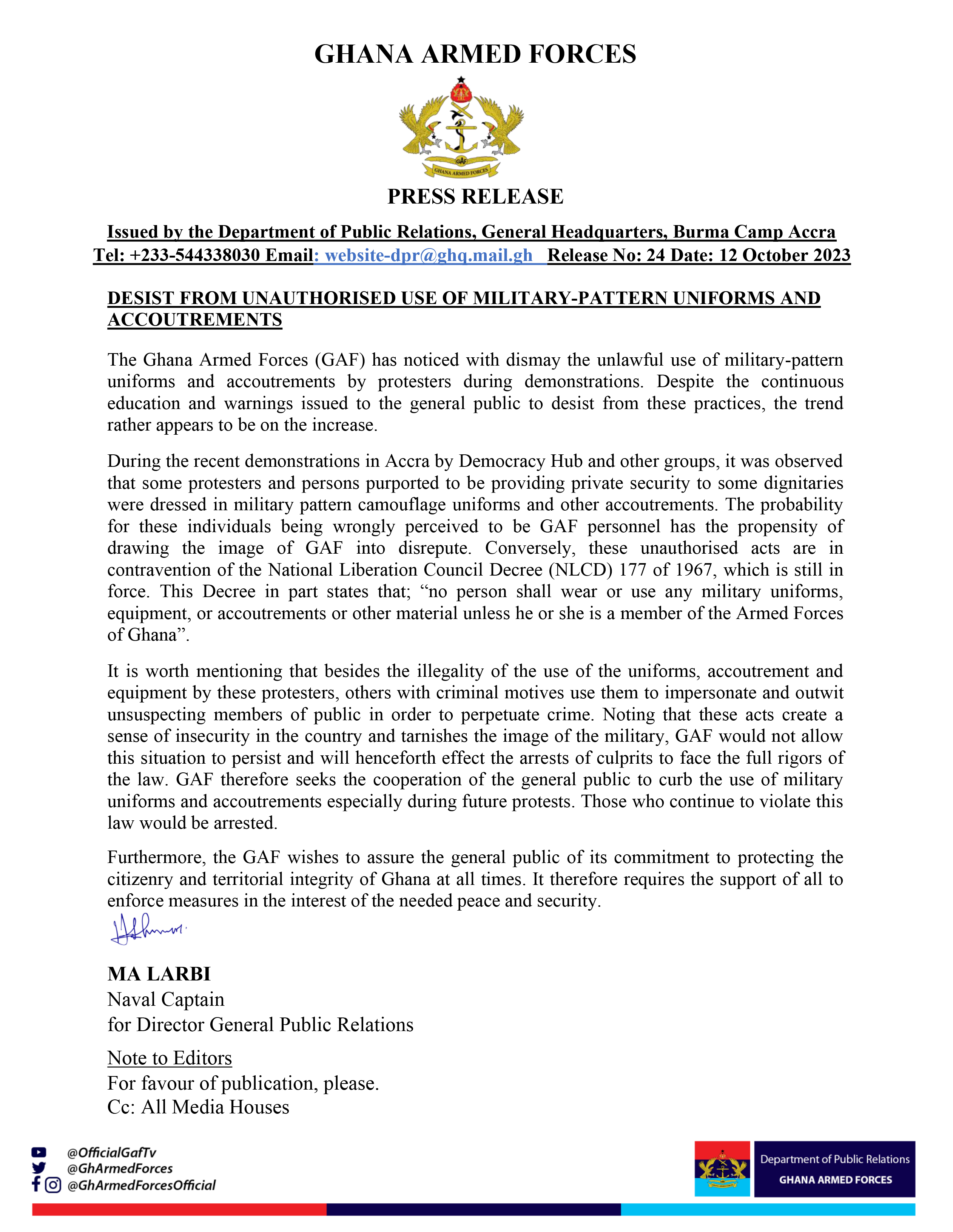 GAF warns public against use of militarypattern uniforms