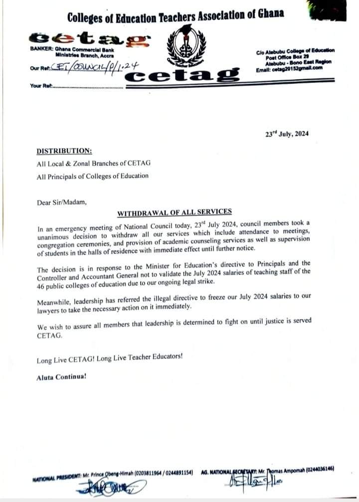 CETAG withdraws all services over July salary freeze Prime News Ghana