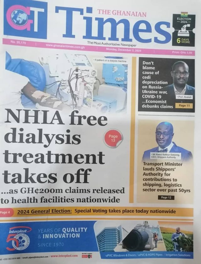 Newspaper headlines Monday, December 2, 2024 Prime News Ghana