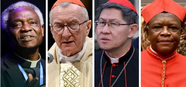 Pope candidates (left to right) Cardinal Peter Kodwo Appiah Turkson, cardinal Pietro Parolin, cardinal Luis Antonio Gokim Tagle, and cardinal Fridolin Ambongo Besungu