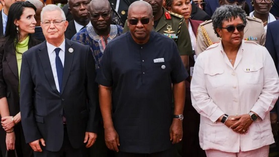 Ghana's President John Dramani Mahama, Barbados' Prime Minister Mia Amor Mottley and other dignitaries attend a wreath-laying event at the Christiansborg Castle, a former slave post, during a high-level consultative conference on the next steps to the landmark United Nations resolution on the trafficking of enslaved Africans, in Accra, Ghana, June 19, 2026