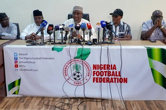 Nigeria Football Federation President Ibrahim Musa Gusau speaks at a news conference where he announced his resignation on August 27 [Greg Terlumun/Reuters]