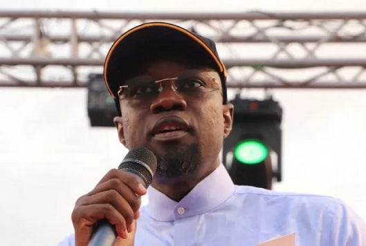 FILE PHOTO: Senegal's Prime Minister Ousmane Sonko of the ruling party PASTEF (African Patriots of Senegal for Work, Ethics and Fraternity) speaks during a political rally in Dakar, Senegal, November 8, 2025. REUTERS/Anait