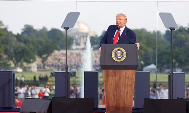  President Donald Trump speaks during an event on the South Lawn of the White House on 4 July. Photograph: Tasos Katopodis/Getty Images