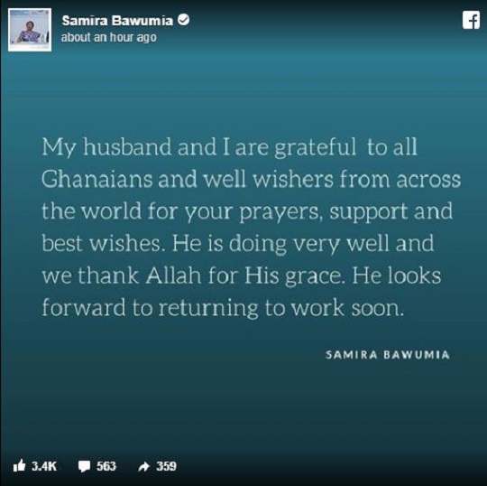 Samira Bawumia's Facebook post on her husband's illness