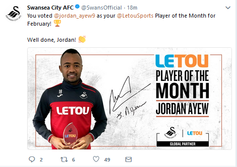 Jordan Ayew has been named Swansea player of the month