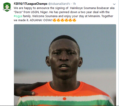 Aduana announced the signing of Boubacar on Twitter