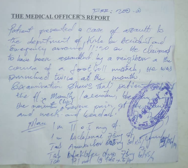 Medical examination report signed by physician on duty at the Korle Bu hospital