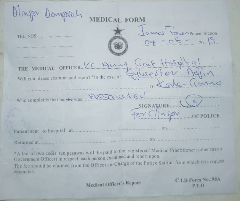 Police medical report form issued to the footballer