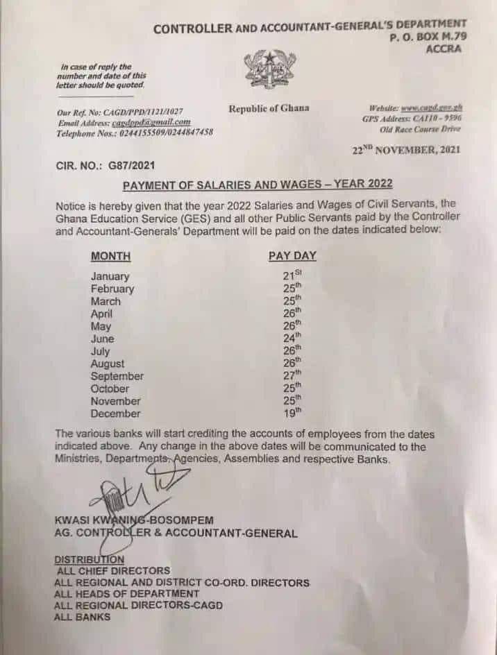 Accountant General announces dates for payment of 2022 salaries, wages
