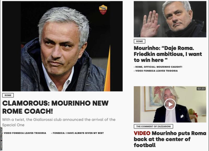 The front page of the Corriere dello Sport website carries an opinion that Jose Mourinho's appointment brings Roma "back at the center (sic) of football"