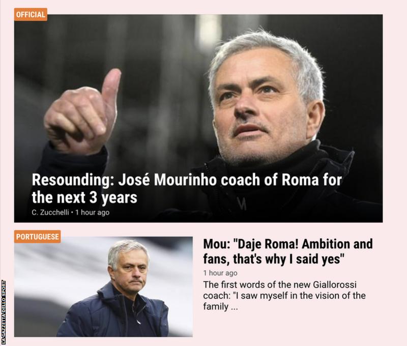 The front page of the La Gazzetta dello Sport website highlights why Jose Mourinho has decided to take on the job