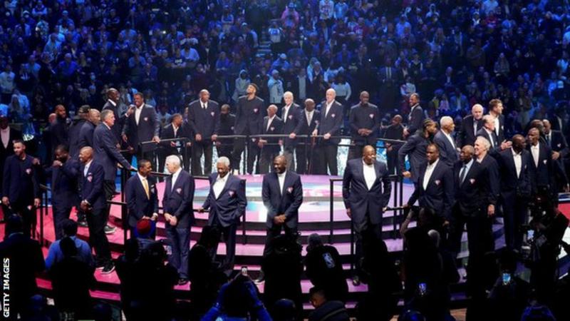 Members of the NBA 75th Anniversary Team stood on stage during the All-Star Game