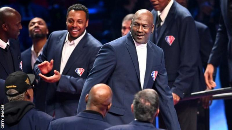 Michael Jordan, winner of six NBA titles and a five-time NBA MVP, was introduced as part of the NBA 75th Anniversary Team