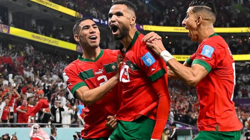 Youssef En-Nesyri celebrates the goal that ensured victory over Portugal and a first World Cup semi-final for Africa