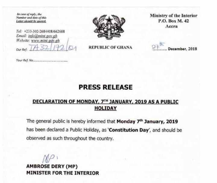 Monday January 7 Declared Holiday Primenewsghana