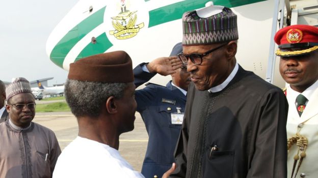 The president was greeted by Vice President Yemi Osinbajo