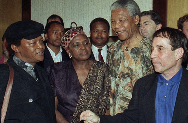 Hugh Masekela, Miriam Makeba, Nelson Mandela and Paul Simon in 1992