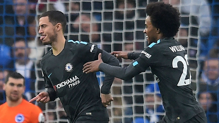 Eden Hazard celebrates with Willian after scoring the opening goal of the game