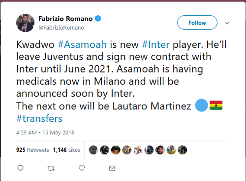 Kwadwo Asamoah denied earlier social media reports of his medical at Inter Milan
