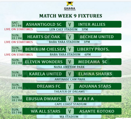 Ghana Premier League matchday nine fixtures(courtesy GHPLlive)