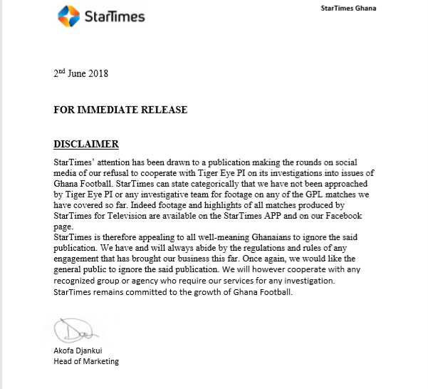 StarTimes Ghana have released a statement denying the reports