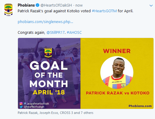 Patrick Razak's goal against Kotoko won goal of the Month for April